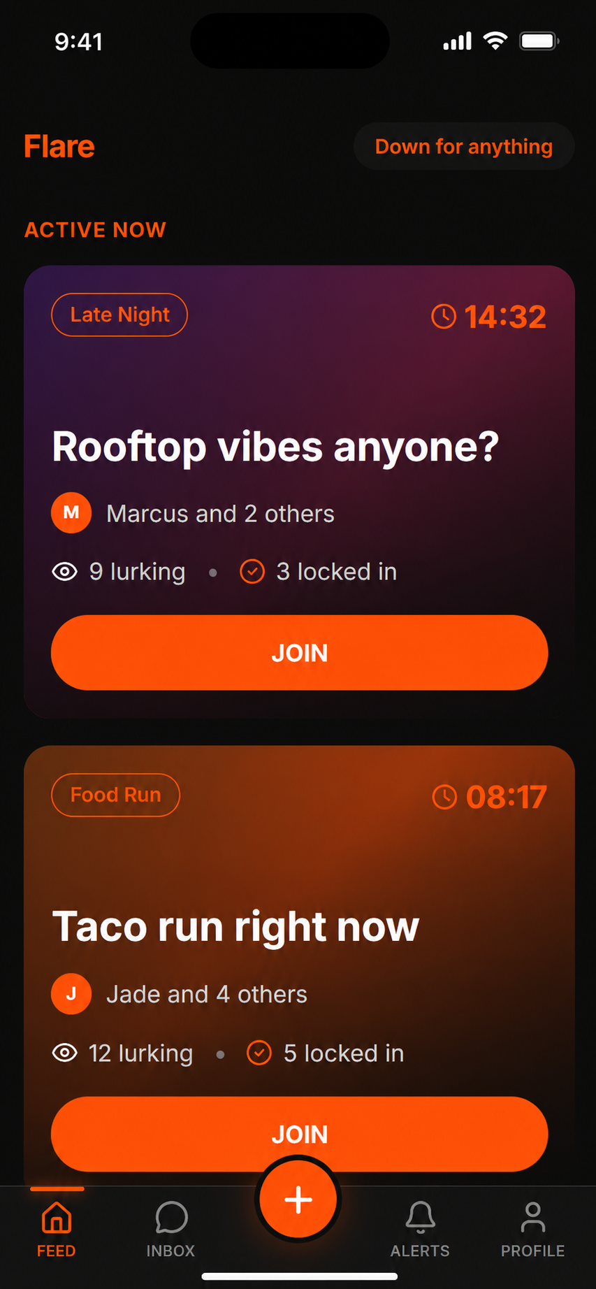 Product illustration of the Flare mobile feed showing spontaneous quests